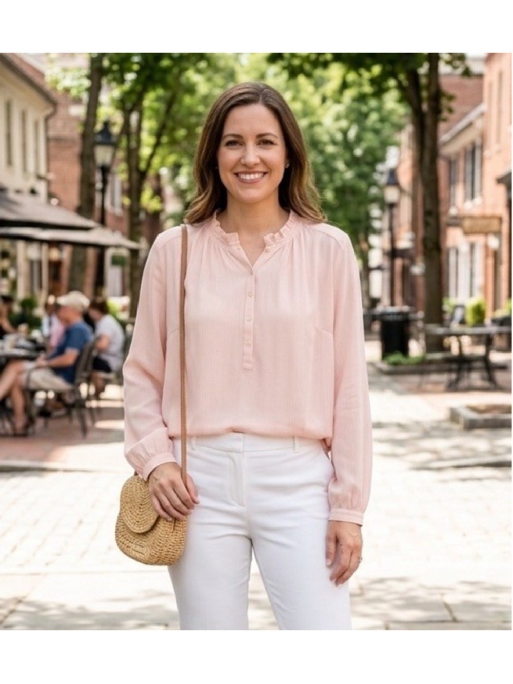 LOFT Pink Ruffle Collar Blouse Sz 22 Plus Women Long Sleeve Feminine Boho Work
